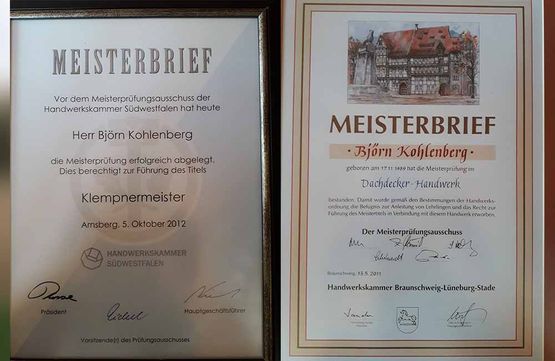 Meisterbriefe der Familie Kohlenberg