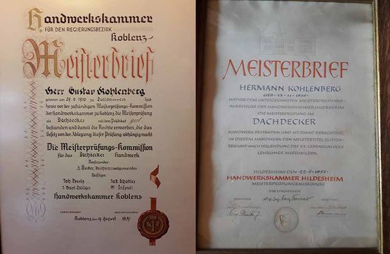 Meisterbriefe der Familie Kohlenberg